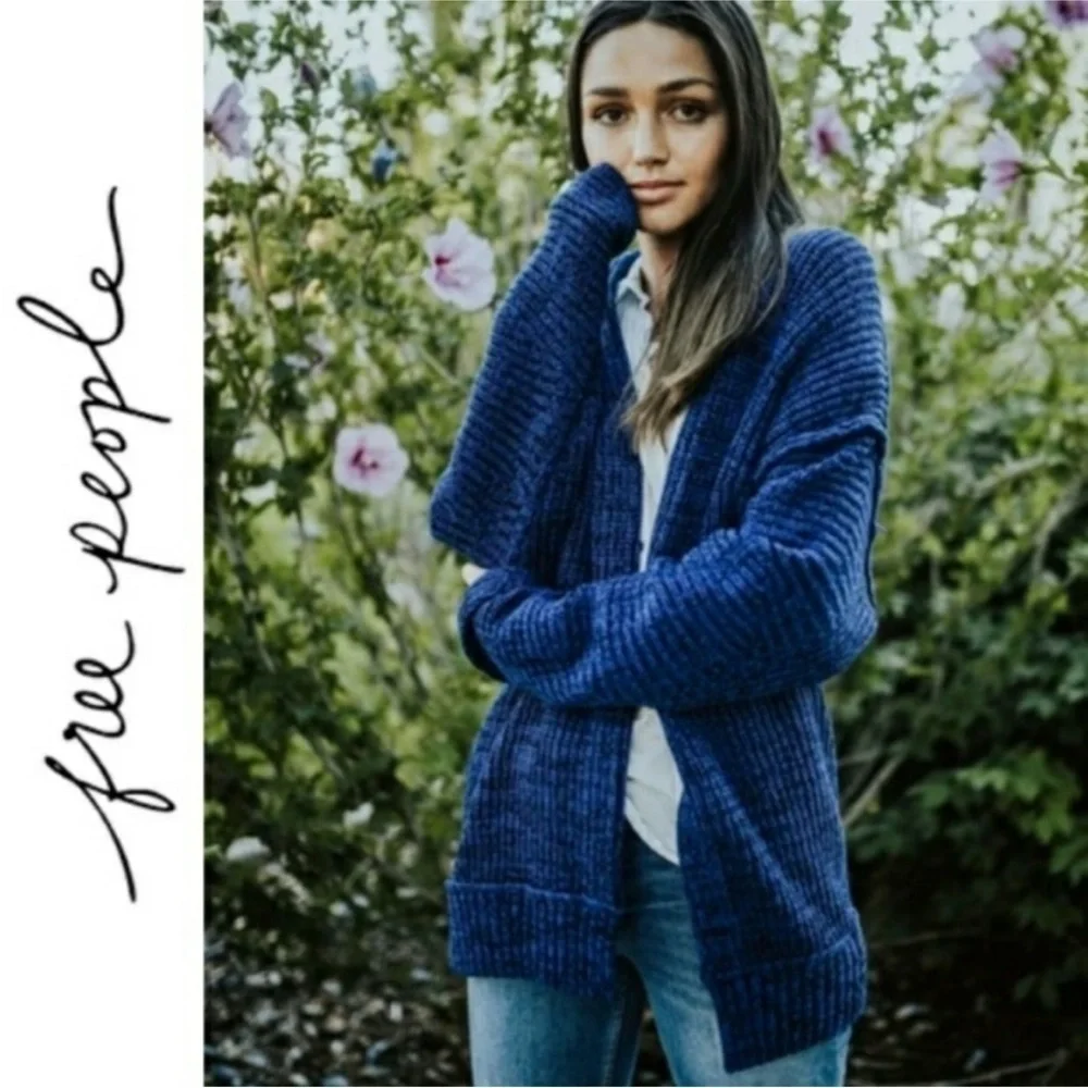 Free People High Hopes Oversized Cardigan Blue Chunky Open Front Size XS